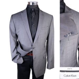 Calvin Klein SLIM Fit 42L Gray Sport Coat Suit Blazer Jacket Solid Sz Two Button